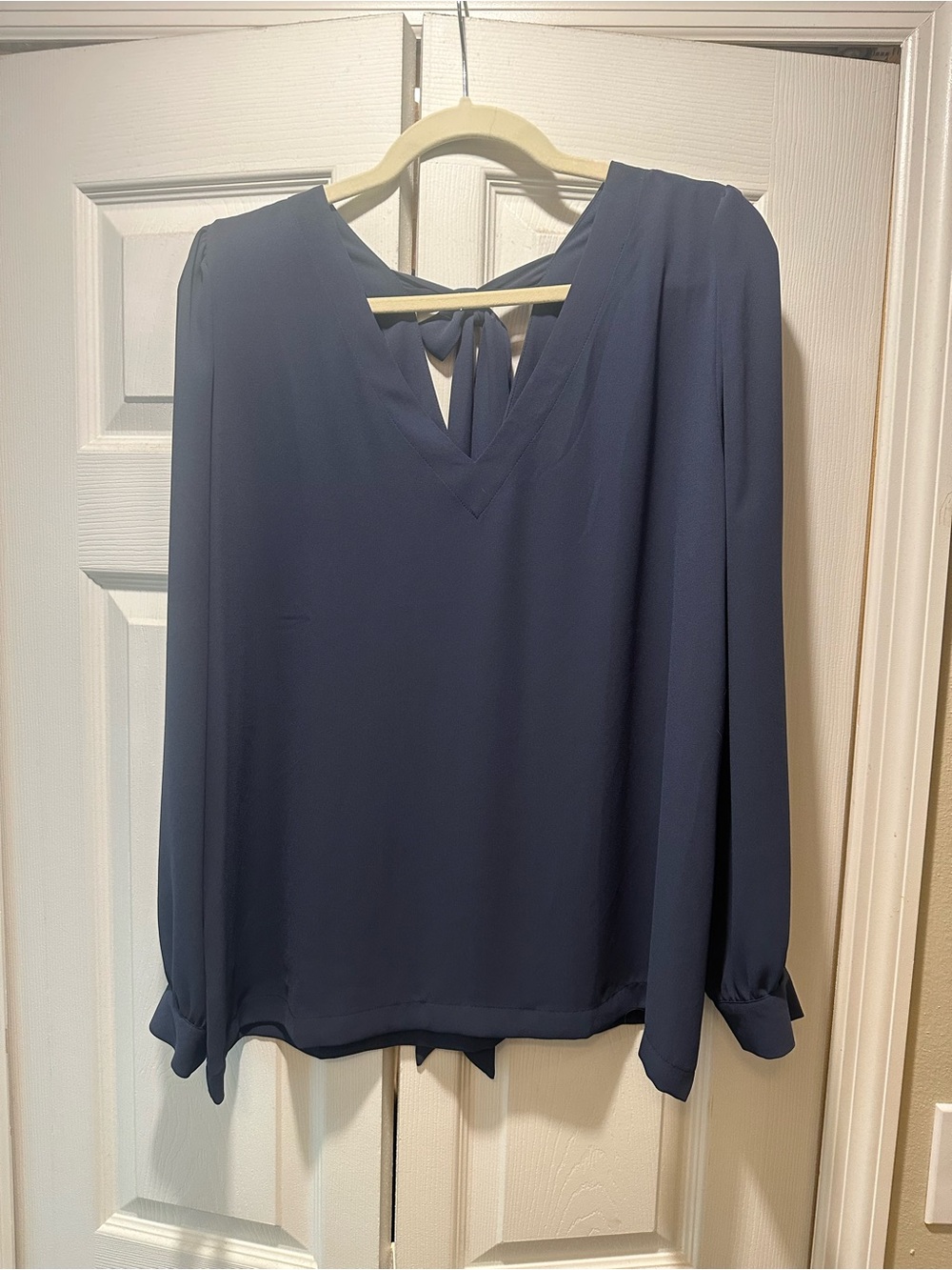 LOFT Navy V-Neck Tie-Back Long-Sleeve Blouse